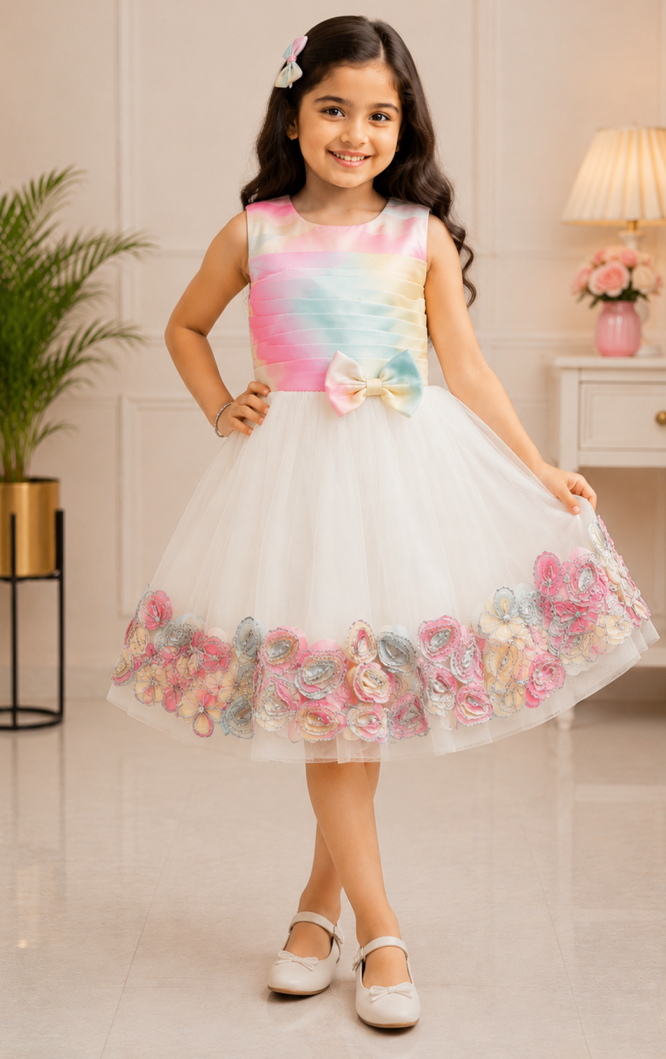 Violet flower print White Frock